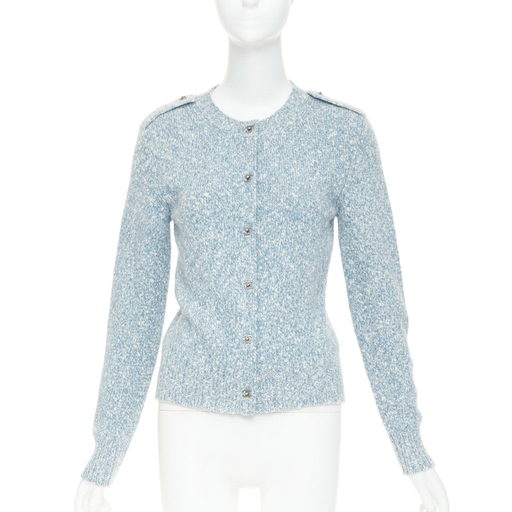 CHANEL blue melange cashmere CC turnlock buttons cardigan sweater FR36 S