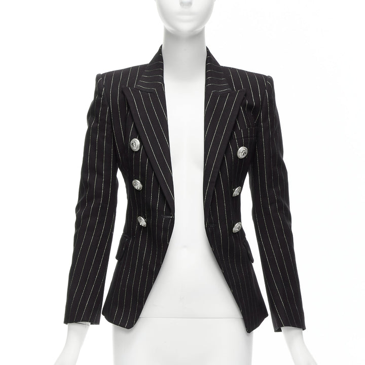 BALMAIN metallic gold striped black cotton blend double breasted blazer FR34 XS