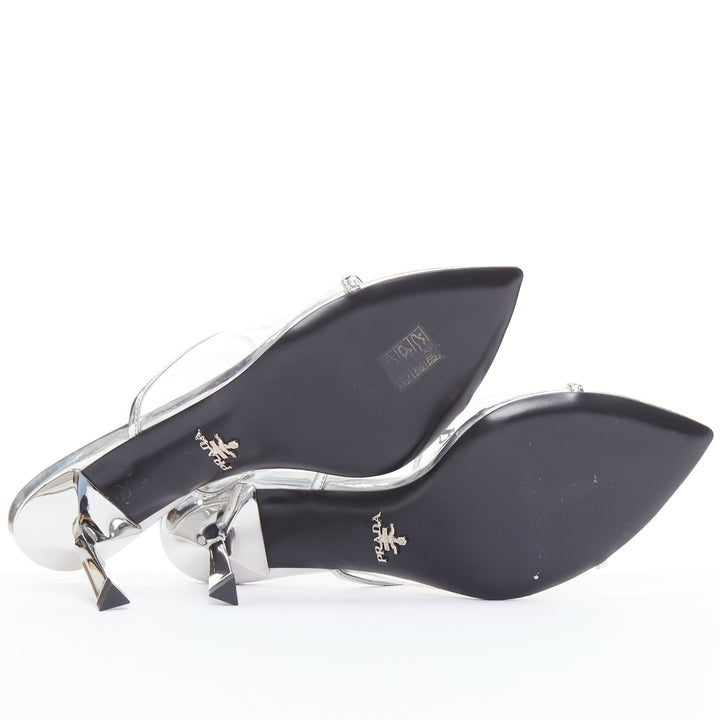 PRADA Plexiglass logo print clear PVC triangle toe mule heels EU38