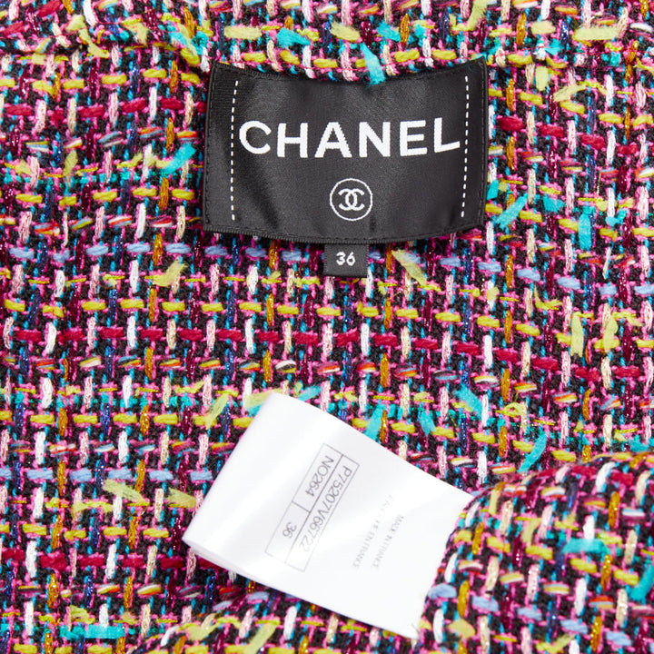 CHANEL 2023 Runway pink yellow multicolor tweed  CC button long coat FR36 S