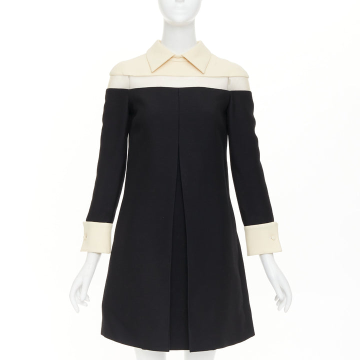 VALENTINO 2014 black beige sheer tulle wool silk inverted pleat dress IT40 S
