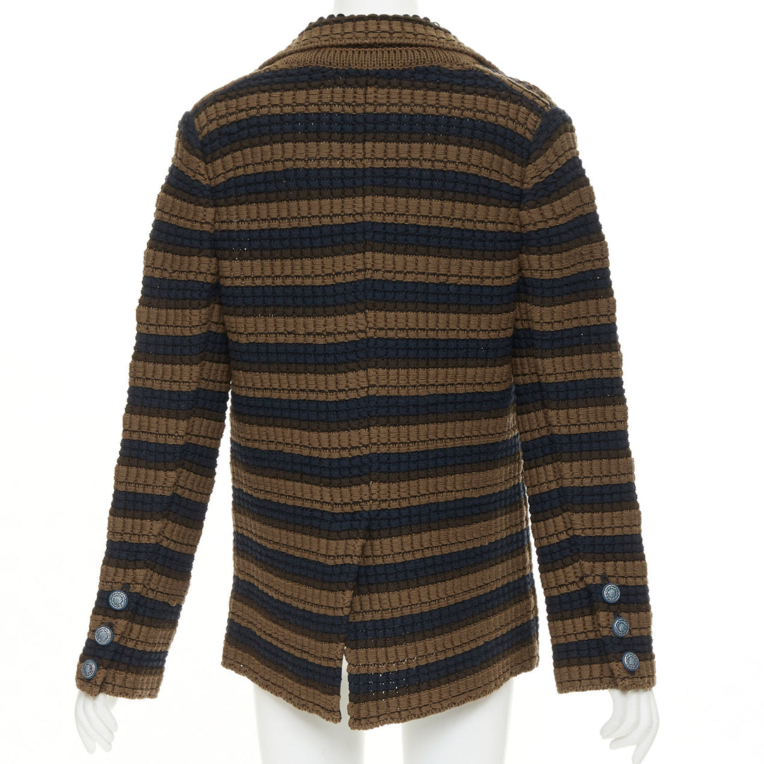 CHANEL striped textured knit brown navy wool cotton jacket FR36 S