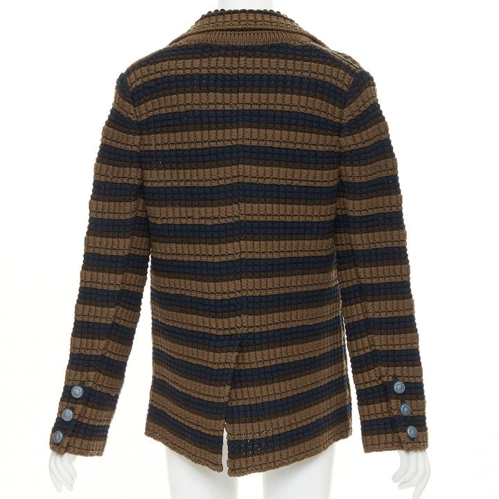 CHANEL striped textured knit brown navy wool cotton jacket FR36 S
