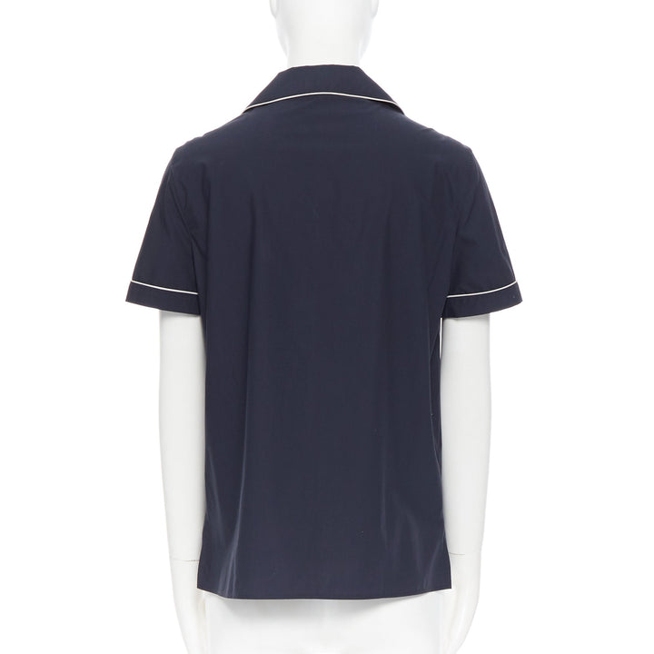JIL SANDER navy blue cotton cuban shirt notch collar pipe short sleeves FR34