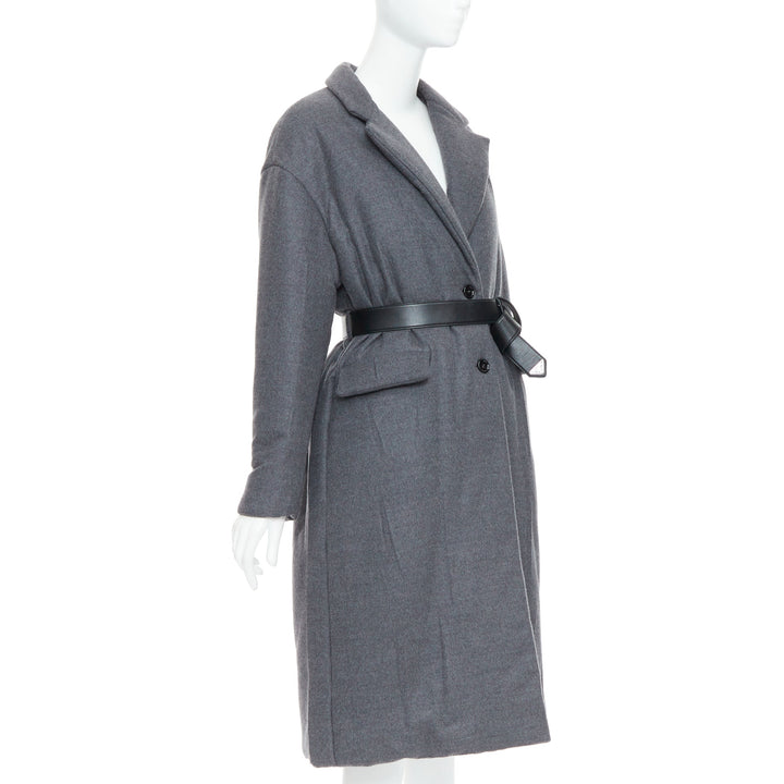 PRADA 2022 grey cashmere wool leather logo belt padded coat IT40 S