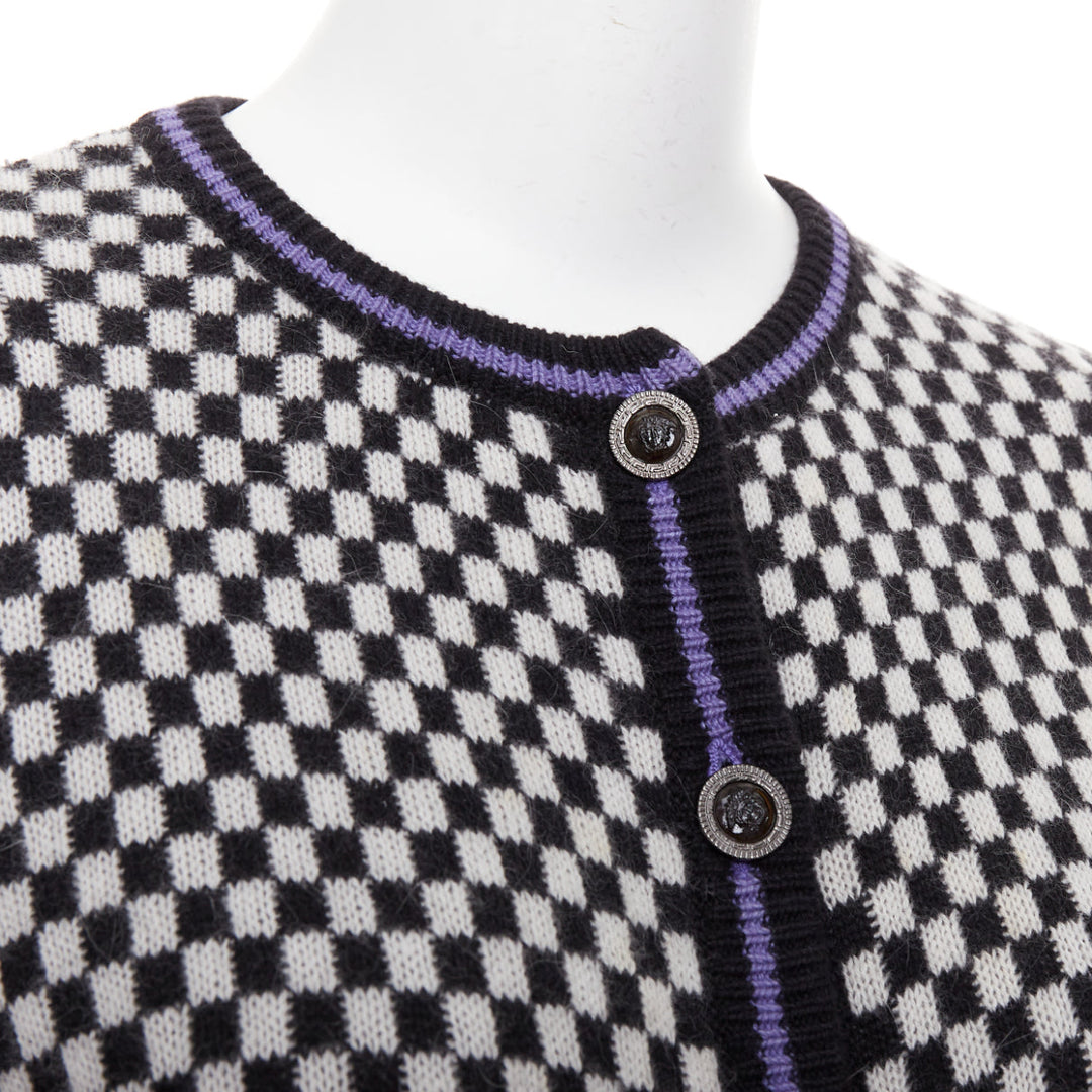 GIANNI VERSACE Vintage wooly checkered pink purple trim cardigan IT42 M