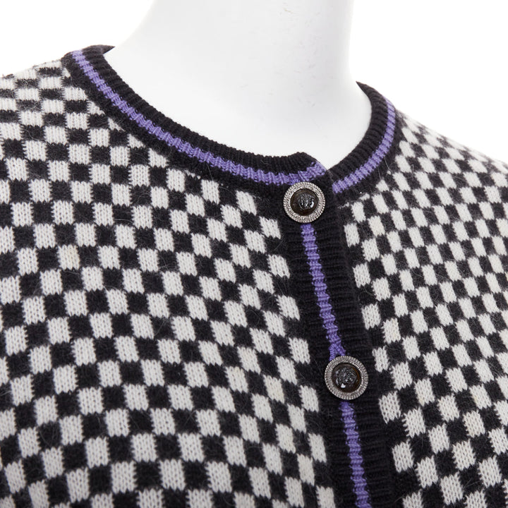 GIANNI VERSACE Vintage wooly checkered pink purple trim cardigan IT42 M