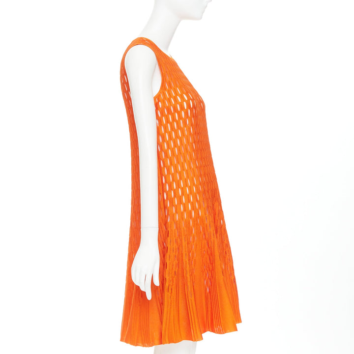 DIOR orange viscose blend perforated knit cream silk line fit flare dress FR38 M