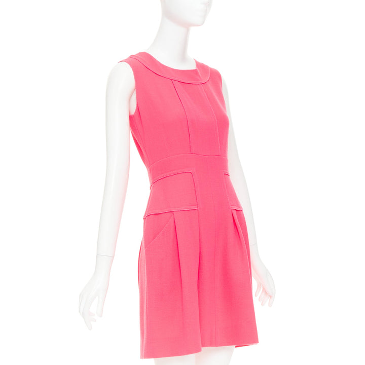 OSCAR DE LA RENTA F10 pink wool panelled round neck pleated A-line dress US2 S