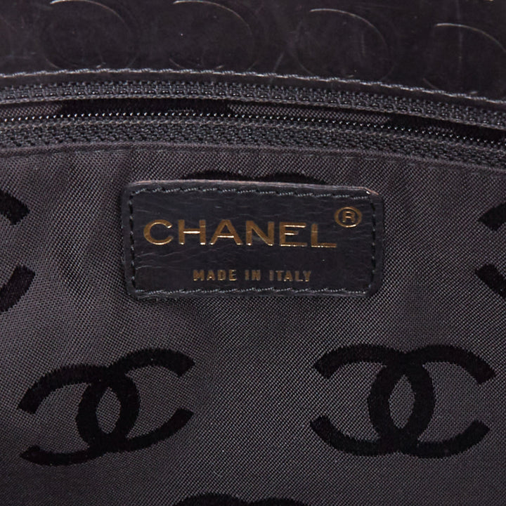 CHANEL Vintage 2002 Chocolate Bar black leather logo embossed chain tote bag