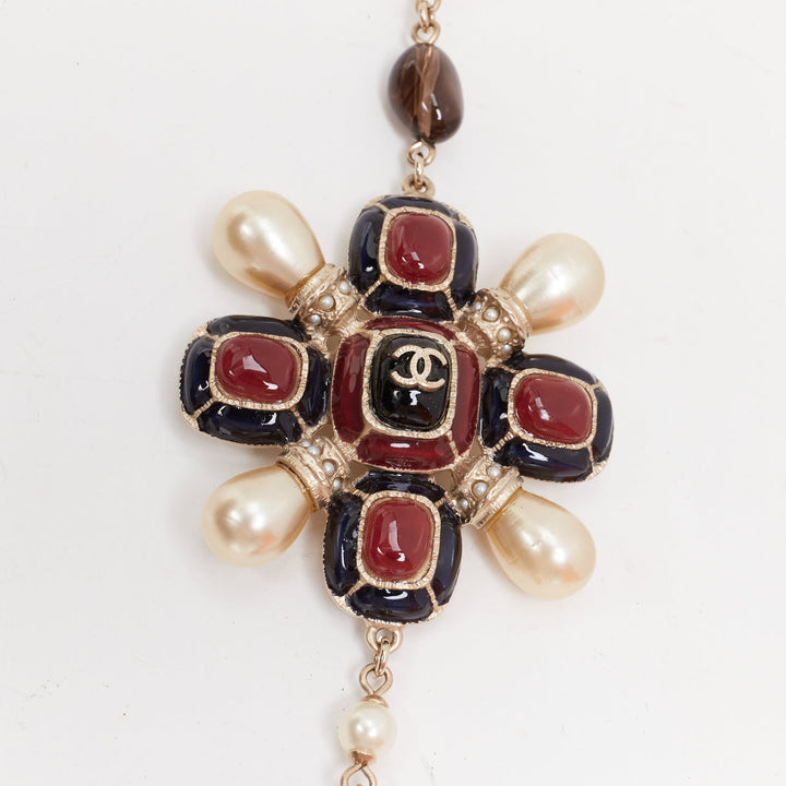 CHANEL A14C black red gripoix enamel Maltese cross CC pearl sautoir necklace