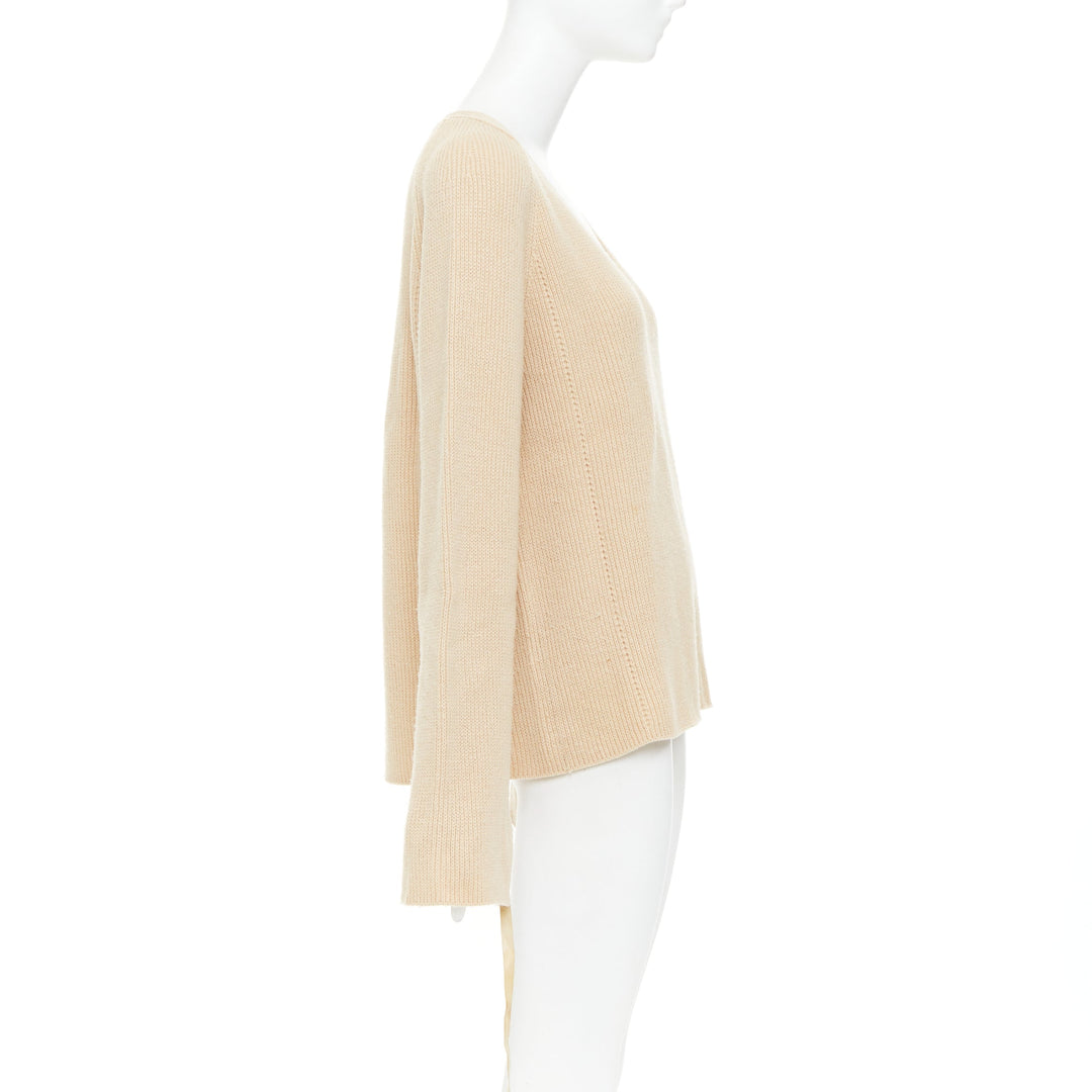 HELMUT LANG beige wool cashmere lace up sleeves relaxed oversized sweater M