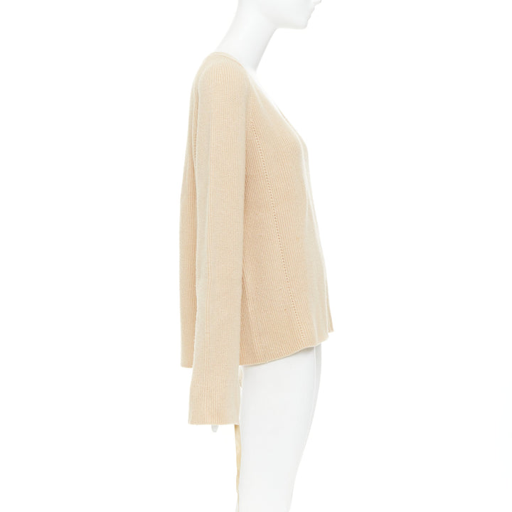 HELMUT LANG beige wool cashmere lace up sleeves relaxed oversized sweater M