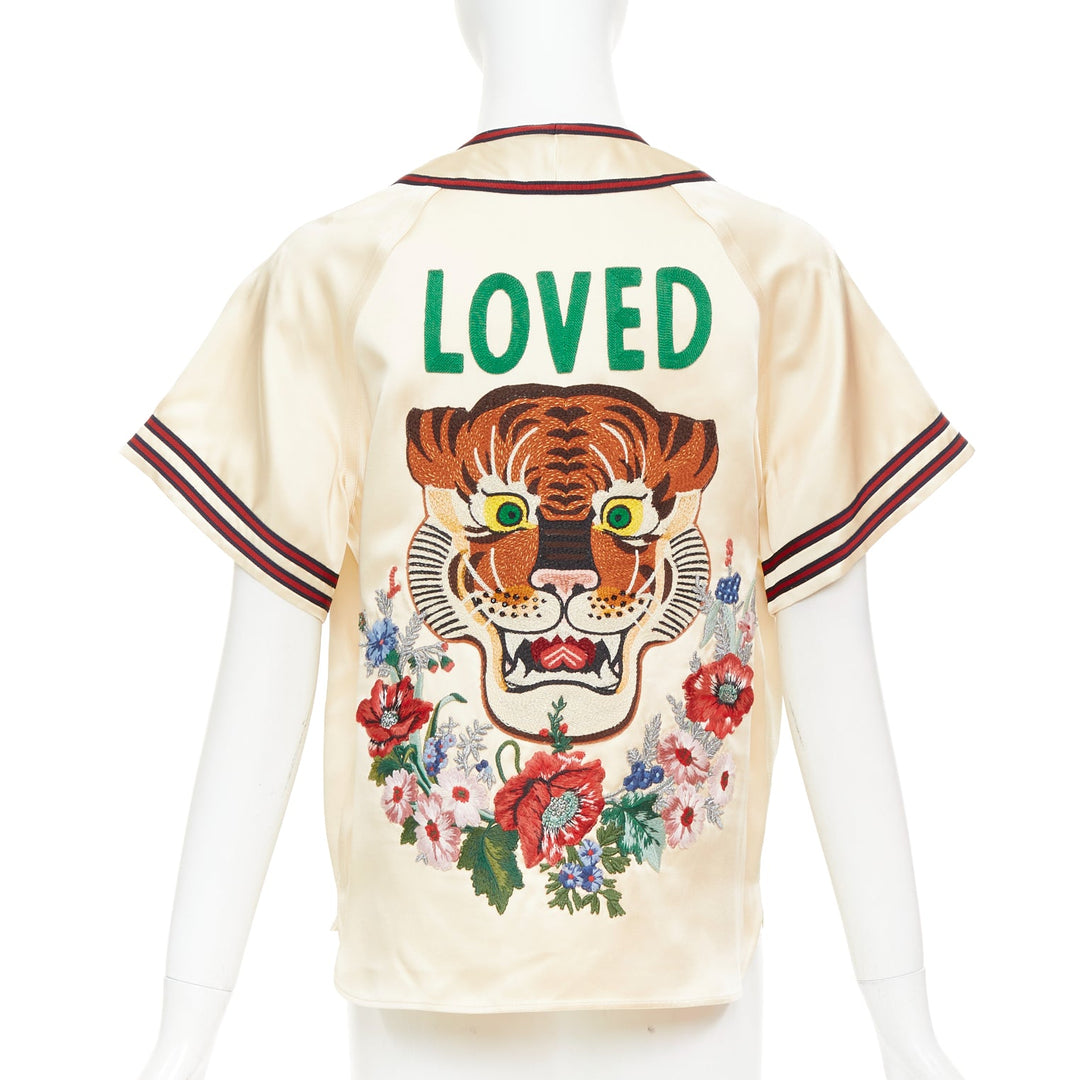 rare GUCCI 2016 Runway Crystal Rhinestone flower Loved baseball shirt IT38 XS
