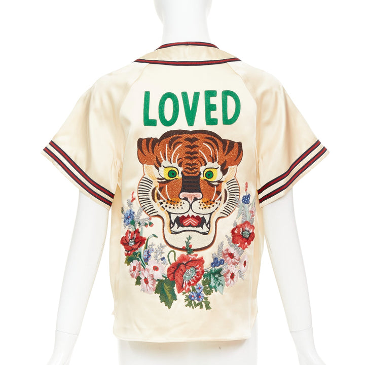 rare GUCCI 2016 Runway Crystal Rhinestone flower Loved baseball shirt IT38 XS