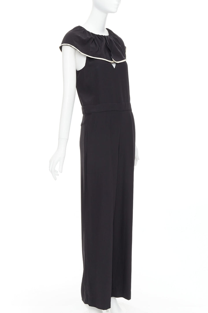CHLOE black 100% silk crepe de chine ruffle collar jumpsuit FR36 S