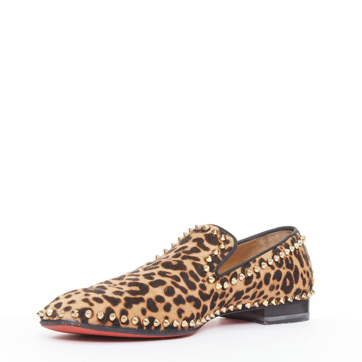 CHRISTIAN LOUBOUTIN brown leopard print ponyhair gold spike stud loafers EU43