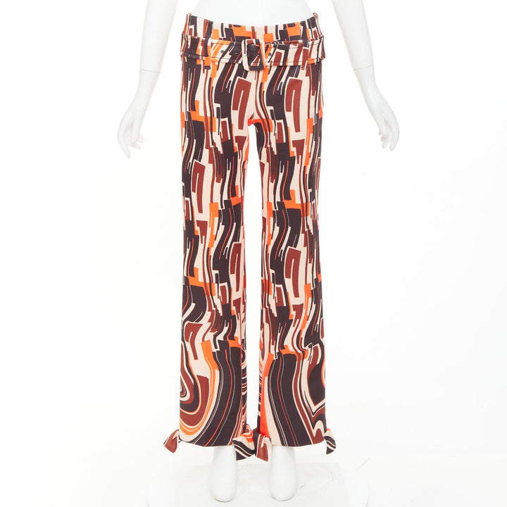 PRADA 2019 Runway orange black geometric swirl belted ruffled hem pants IT38 XS