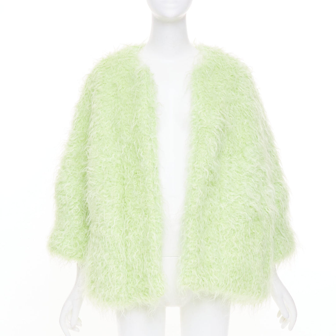 DRIES VAN NOTEN light green fuzzy mohair wool collarless loose open knit coat S