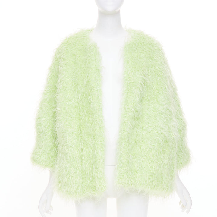 DRIES VAN NOTEN light green fuzzy mohair wool collarless loose open knit coat S