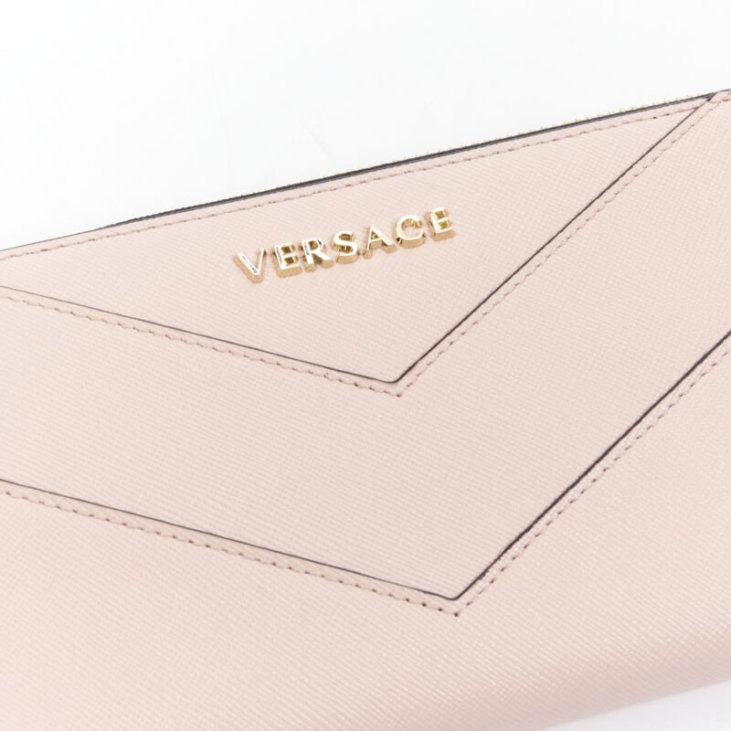 VERSACE light pink saffiano leather gold logo V stitch long wallet
