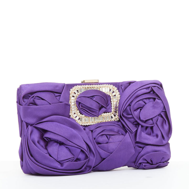 ROGER VIVIER purple satin 3D rose ruffle applique crystal buckle clutch bag