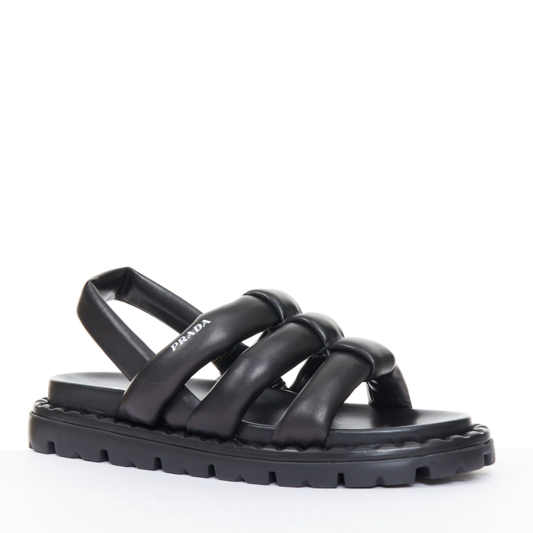 PRADA Blow black padded nappa leather strappy lug sole slingback sandals EU38.5