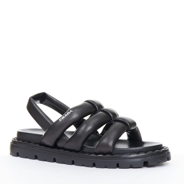 PRADA Blow black padded nappa leather strappy lug sole slingback sandals EU38.5