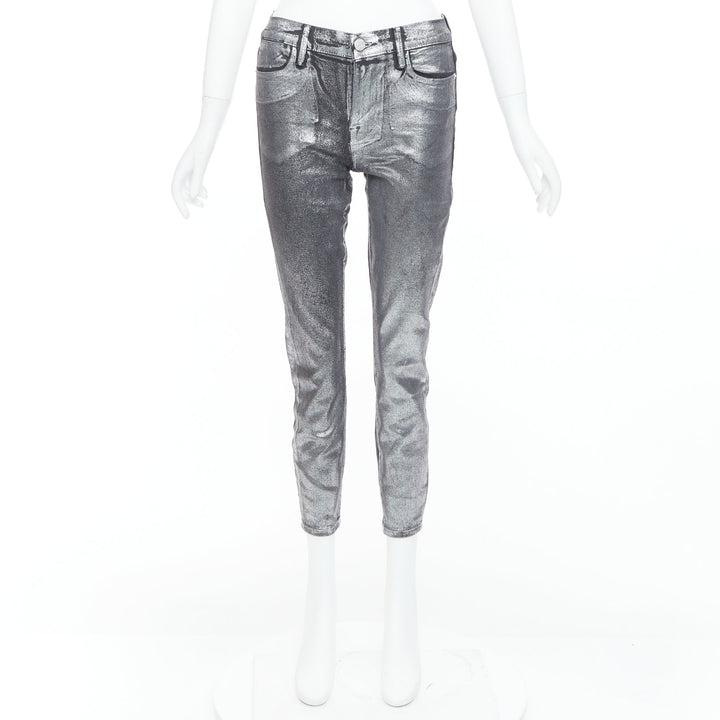 FRAME Le High Skinny Crop metallic silver coated pants 24"