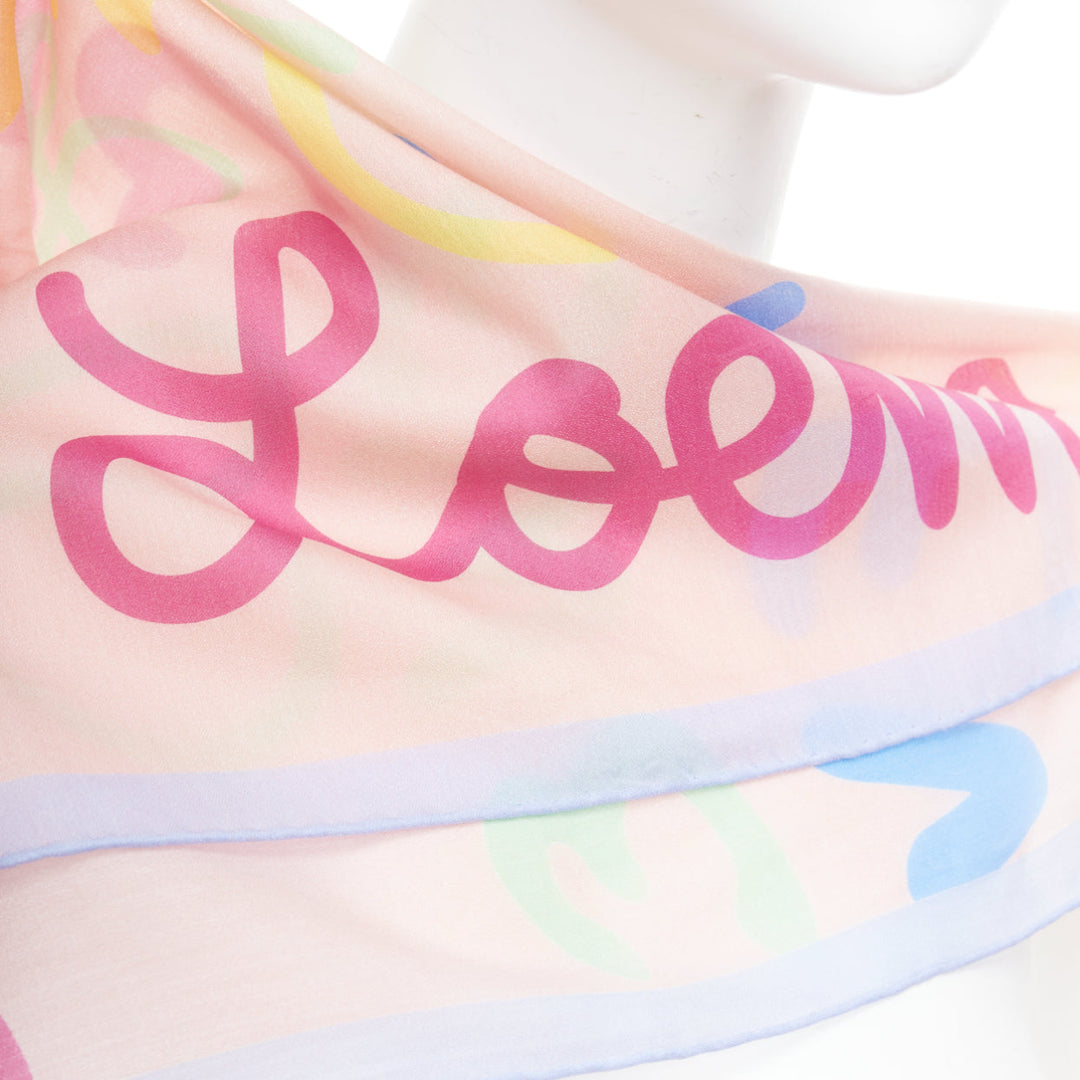 LOEWE pink patel multicolor cotton silk logo print square scarf