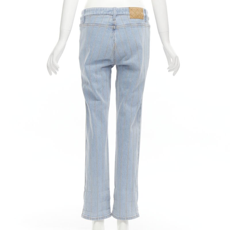 CHANEL light washed blue denim gold chain embroidery straight leg jeans FR40 M