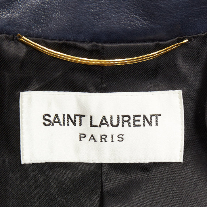 SAINT LAURENT 2023 Runway navy blue lambskin Power belted cropped biker jacket