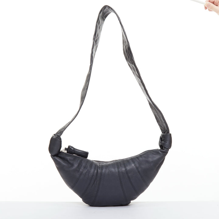 LEMAIRE Small Croissant black lambskin leather panelled half moon crossbody bag