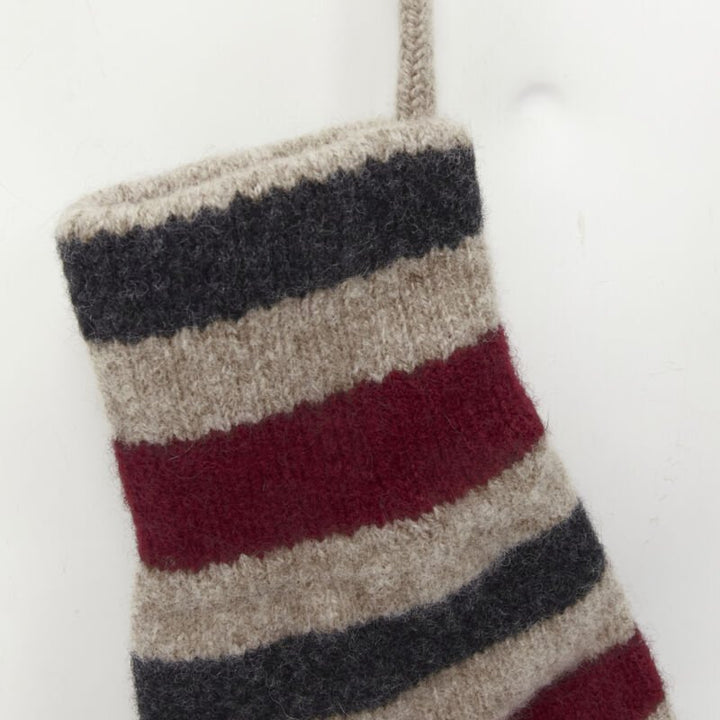 BURBERRY 100% lambs wool red black beige striped mitten glove on string