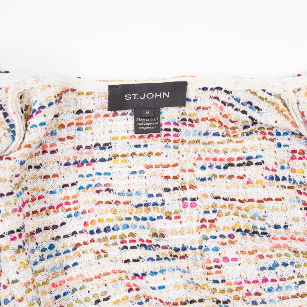 ST JOHN COUTURE multicolor rainbow ribbon trim tweed fringe knit cardigan M