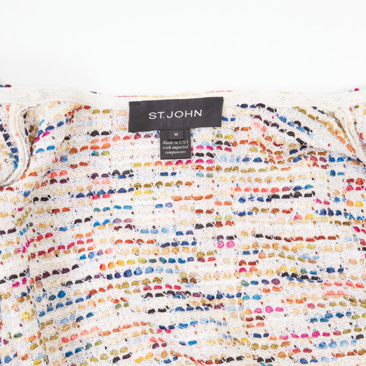 ST JOHN COUTURE multicolor rainbow ribbon trim tweed fringe knit cardigan M