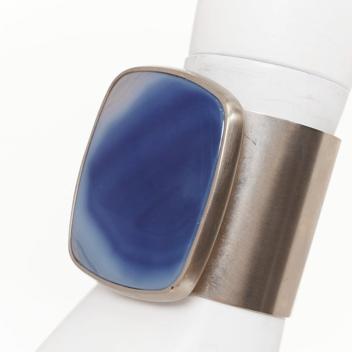 CHANEL B12A blue cushion cabochon stone CC engraved brushed silver cuff bangle