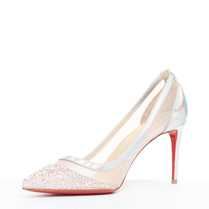 CHRISTIAN LOUBOUTIN Galavati Strass silver iridescent mesh crystal heels EU36.5