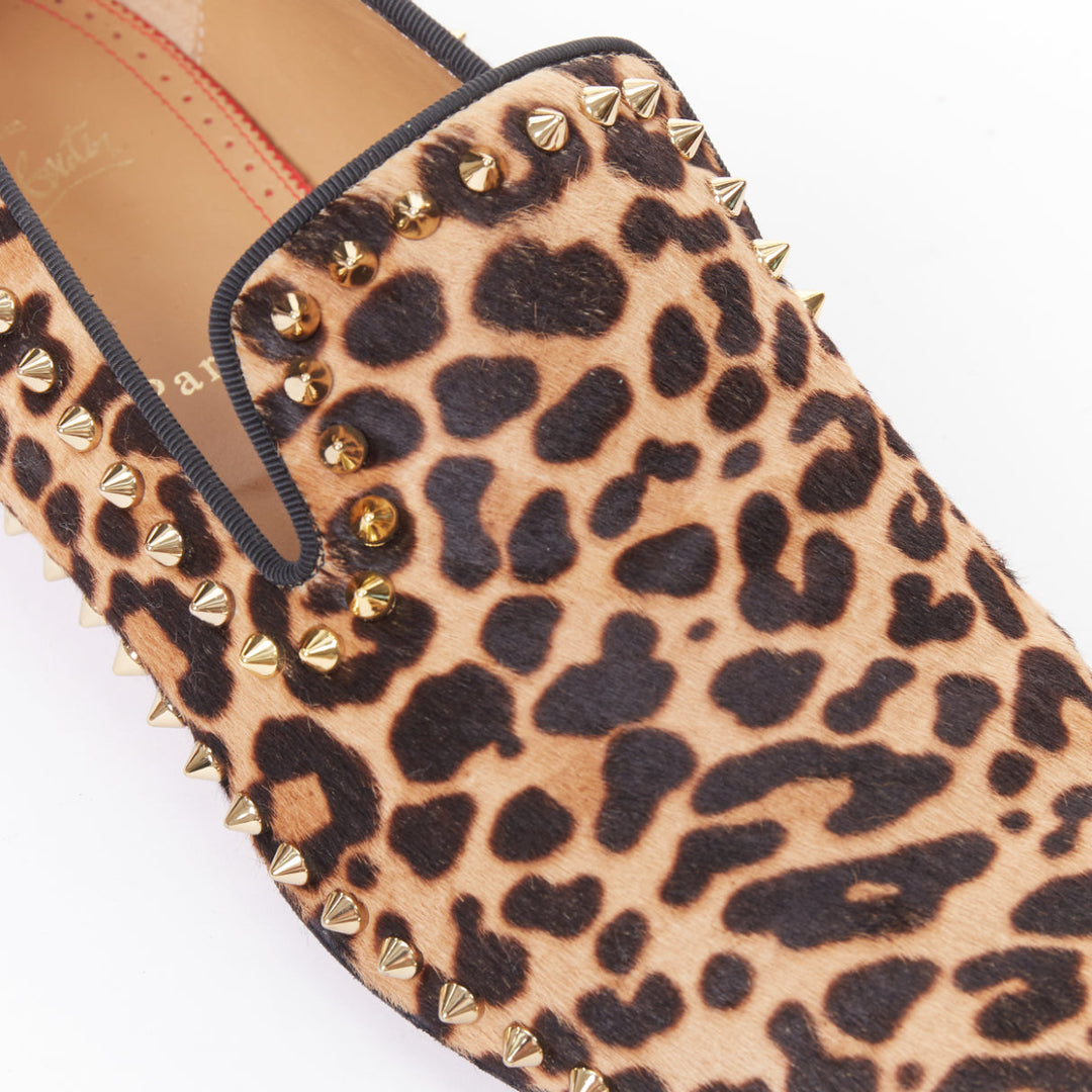 CHRISTIAN LOUBOUTIN brown leopard print ponyhair gold spike stud loafers EU43