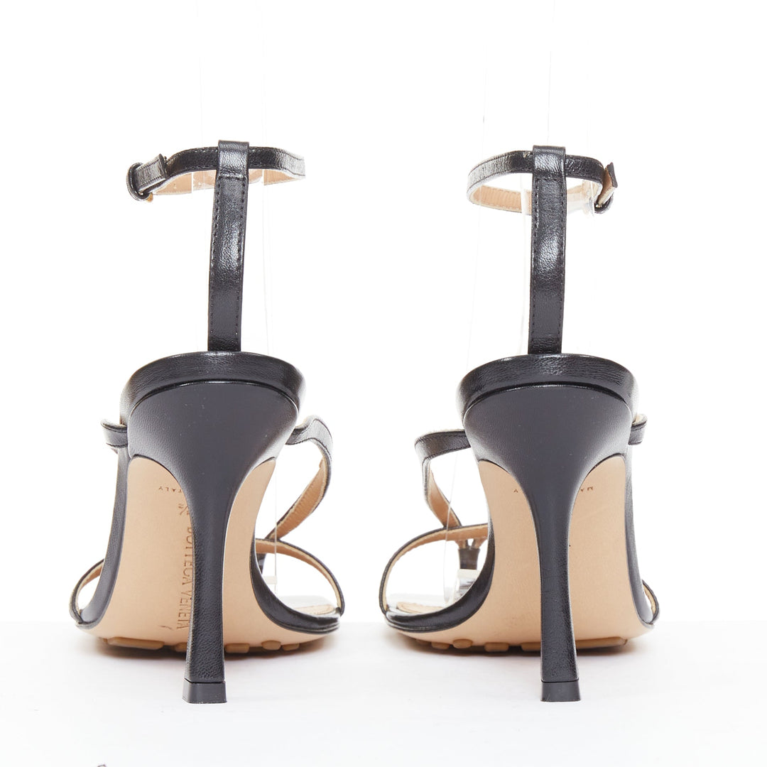 BOTTEGA VENETA Stretch black thong ankle strap square toe heel sandals EU35.5
