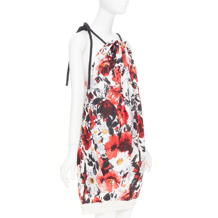 BALENCIAGA 2007 floral print rope drawstring halter shift cocktail dress FR36 S