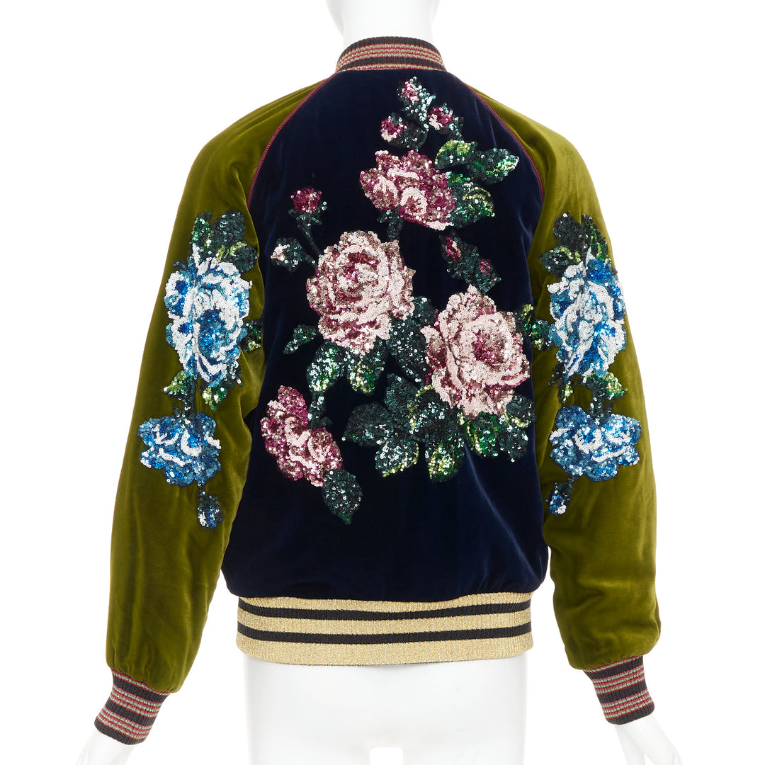GUCCI Alessandro Michele 2017 navy olive rose sequin velvet bomber jacket IT40 S