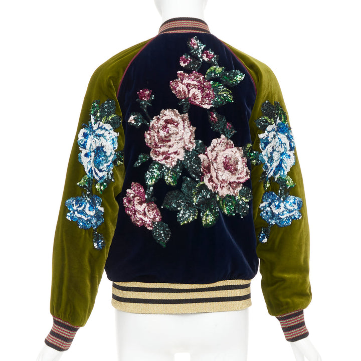 GUCCI Alessandro Michele 2017 navy olive rose sequin velvet bomber jacket IT40 S