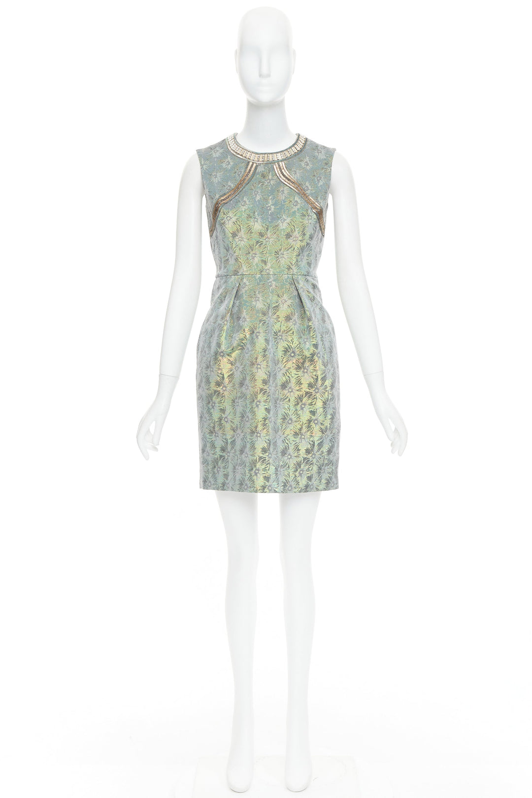 MATTHEW WILLIAMSON green iridescent gold bullet bead sheath dress UK8 S