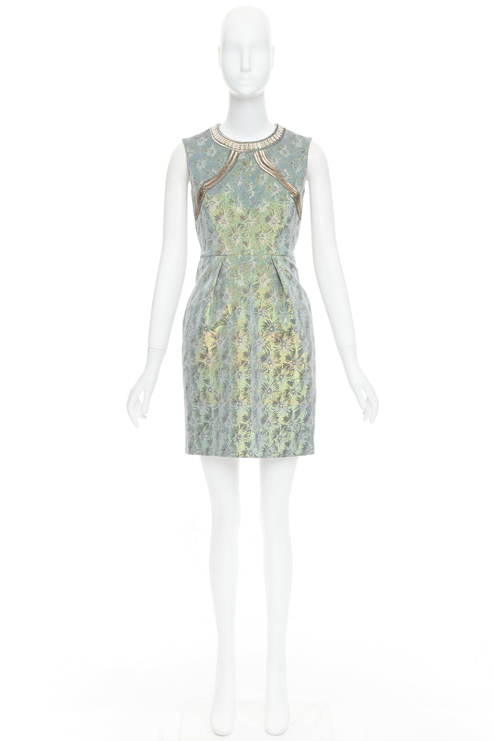 MATTHEW WILLIAMSON green iridescent gold bullet bead sheath dress UK8 S