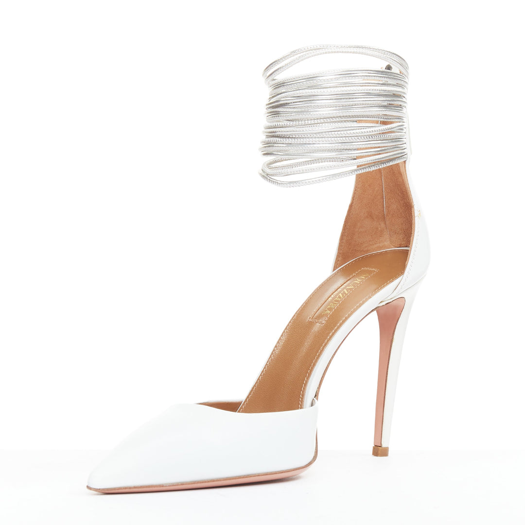 AQUAZZURA Hello Lover 105 white calf silver corded ankle strap pumps EU37.5