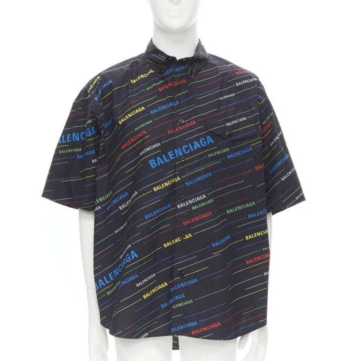 BALENCIAGA black multicolor logo monogram stipe print boxy shirt EU40 M