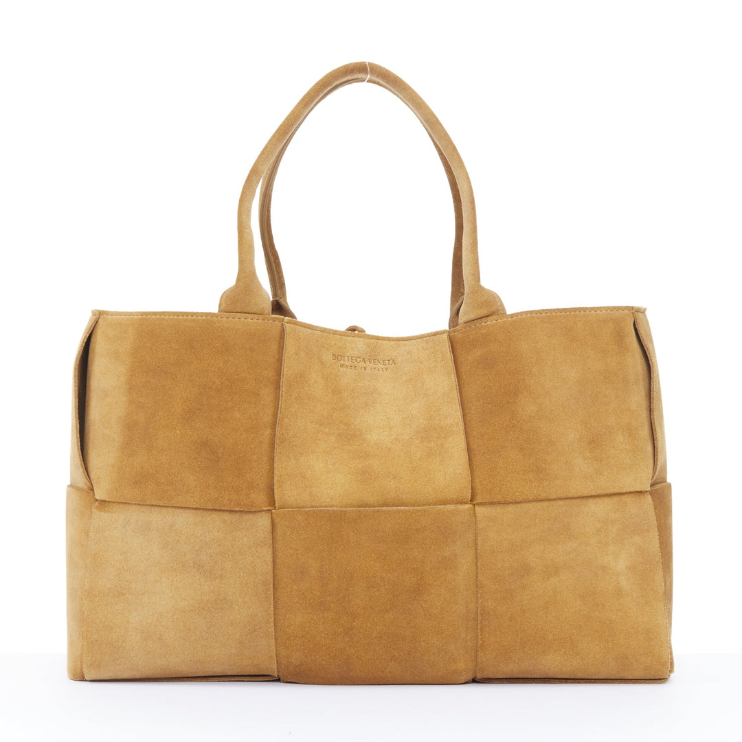 BOTTEGA VENETA Arco Medium camel suede maxi intrecciato top handle hobo tote bag