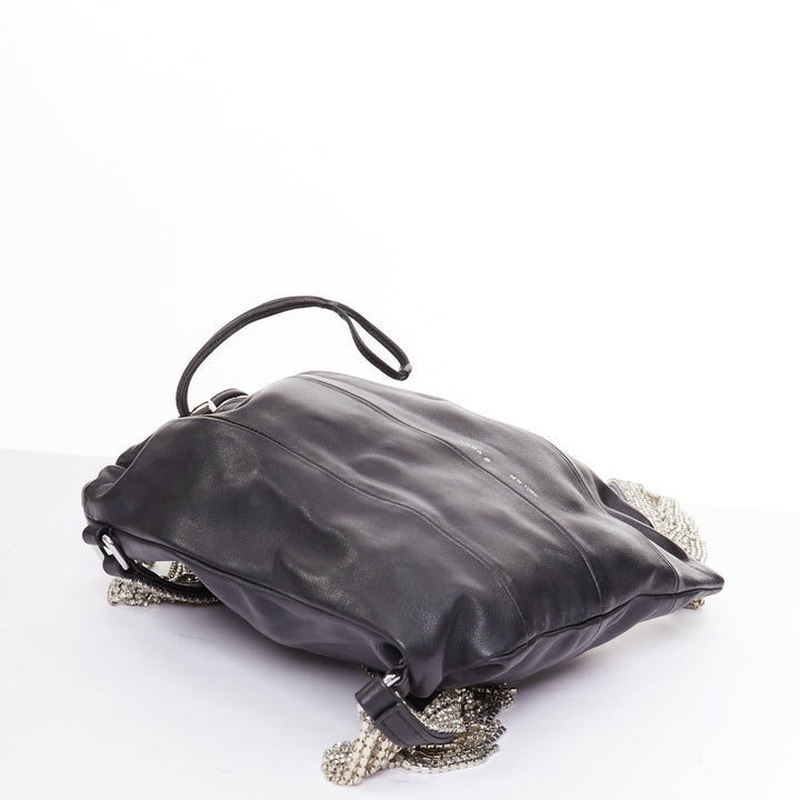 KARA black leather white logo strass fringe crystal mini backpack bag