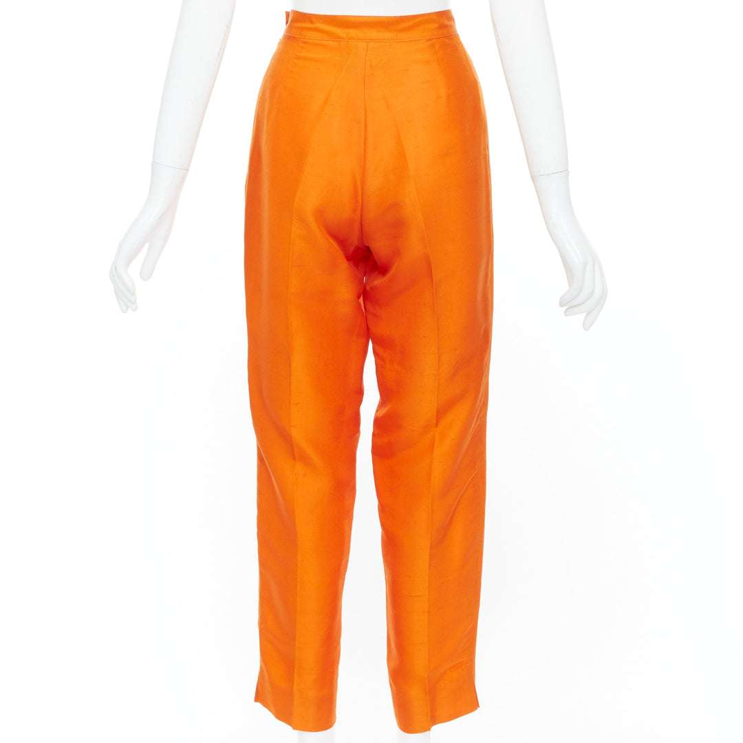 SHANGHAI TANG orange raw silk hidden placket long sleeve shirt trousers set XS